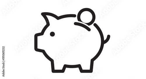 Simple black and white vector outline illustration of a classic piggy bank saving money icon