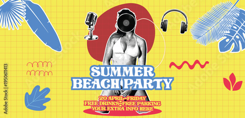 Summer beach party promotional banner with Retro vintage pop art collage of woman with vinyl record head and retro microphone, tropical leaves background for pool party event social media cover design