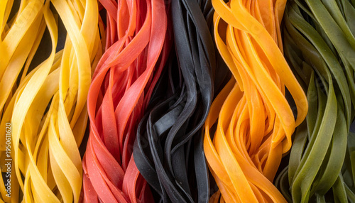 Cascading strands of vibrant colored pasta, artistically arranged to create dynamic, flowing, abstract forms.