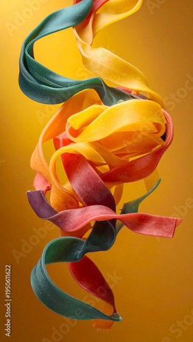 Cascading strands of vibrant colored pasta, artistically arranged to create dynamic, flowing, abstract forms.