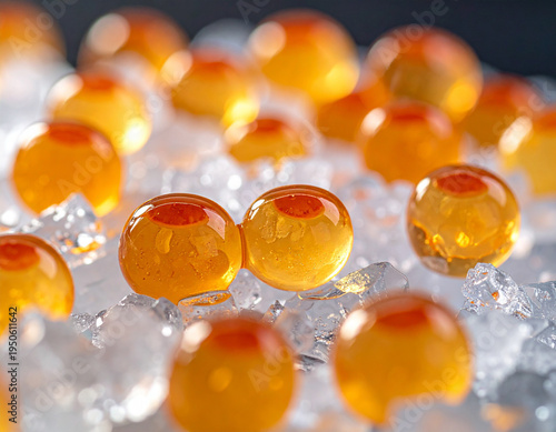 Extreme close-up of caviar glistening like tiny jewels on a bed of ice, emphasizing luxury and sophistication.