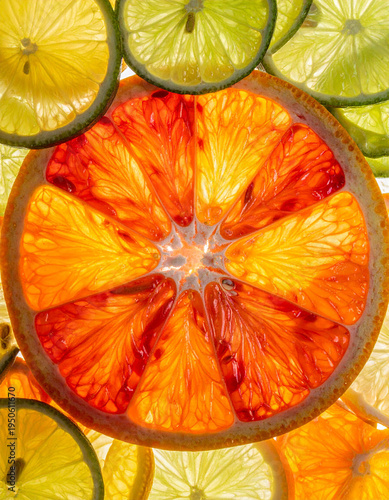 Sliced citrus fruits arranged in a radial pattern, showcasing their juicy segments and vivid, refreshing colors.