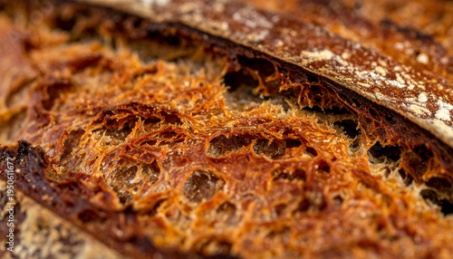 Textured surface of a rustic bread crust, revealing intricate patterns and rich, earthy, baked details.