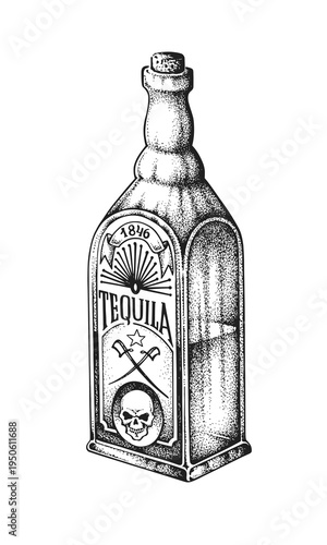 Tequila Bottle with Label. Mexican Alcoholic Drink. Hand Drawn Ink Vector Illustration