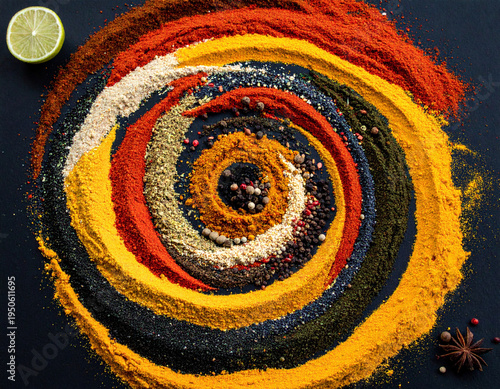 Swirling patterns of colorful spices artfully arranged on a dark background resemble an abstract cosmic scene.