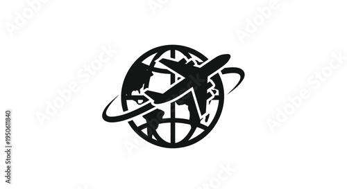 Black vector globe with airplane icon
