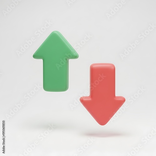 A 3d rendered image featuring a green upward arrow next to a red downward arrow on white background