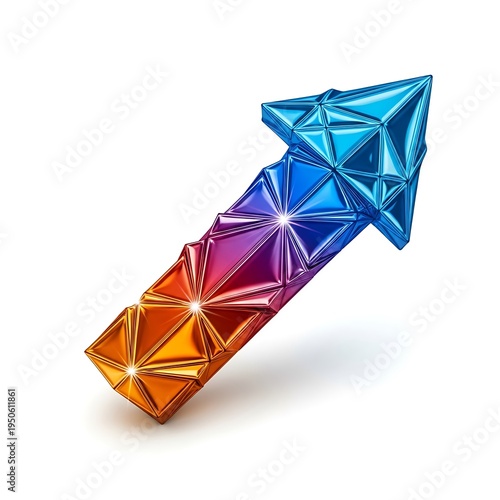A vibrant 3d rendered arrow with a geometric low poly surface transition from orange to blue