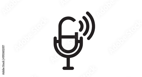 Clean vector icon representing a recording microphone broadcasting sound waves, ideal for podcasting applications