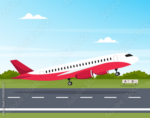 Passenger plane takes off from an airport runway. Vector stock