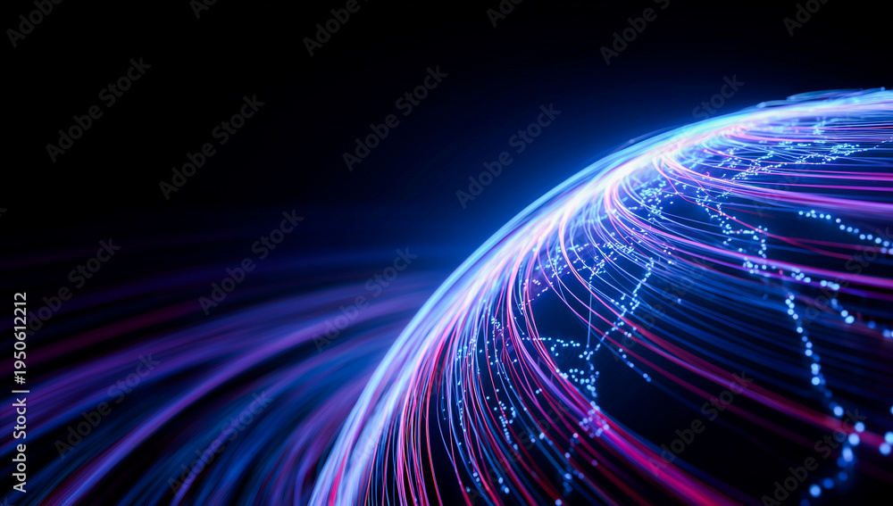 Fototapeta premium Glowing blue and purple digital earth globe with networking light trails and data lines representing global telecommunications
