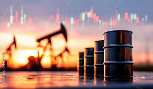 Oil pump jacks and black fuel barrels at sunset with financial stock market data charts and glowing orange light in the background