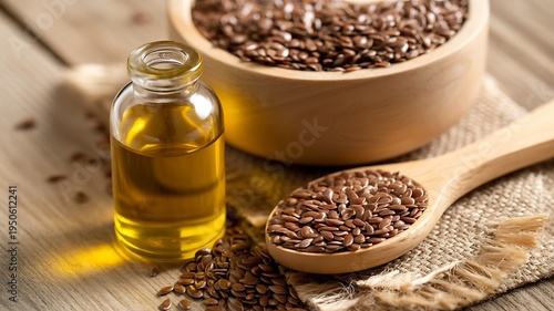 Flaxseed oil and seeds on wooden table