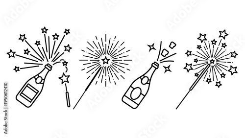 Festive celebration icons featuring sparkling champagne bottles and bright sparklers, perfect for New Year events, party designs, and joyful occasions