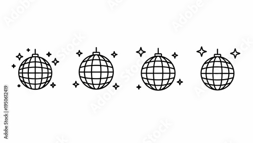 A row of four stylized disco ball icons in black and white, depicting a celebratory and festive atmosphere with twinkling stars