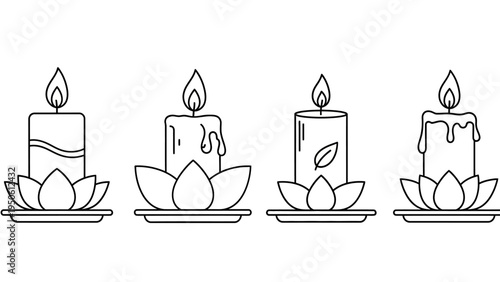 Set of four minimalist line art icons featuring candles in lotus flower holders, symbolizing mindfulness and tranquility