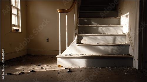 Abandoned stairway with dusty steps and sunlight through a window.