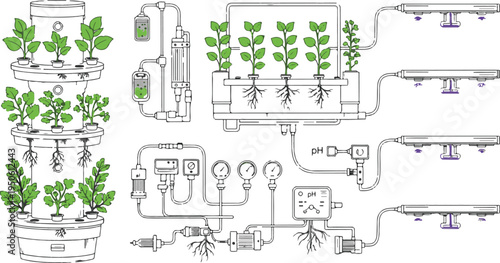 Hydroponic vertical tower and nutrient flow system diagram