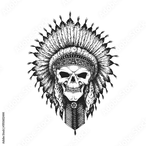 Chieftain Skull Wearing Tribal Feathered Headdress War Bonnet of Native American Indigenous style. Hand Drawn Ink Vector Illustration