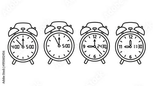 Set of four alarm clocks showing different times in a line, each with a classic design and twin bells on top