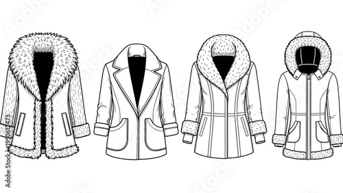 Four fashion winter coat illustrations with fur trim and hoods, showcasing different styles