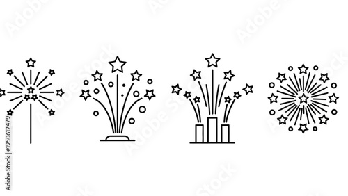A collection of stylized line art icons representing fireworks displays with starburst patterns and ascending trails