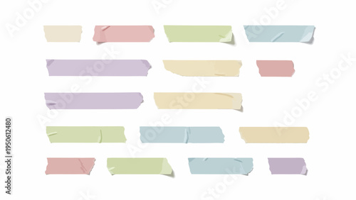 Versatile collection of pastel colored adhesive masking and scotch tape pieces with ripped edges, ideal for graphic design and creative craft projects and planners