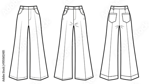 Fashion illustration of wide-leg palazzo pants with front and back views, showcasing detailed design elements for garment construction and style inspiration