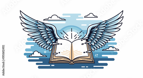 angelic book with wings and clouds