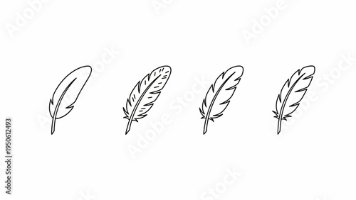 A collection of elegant black and white feather line art illustrations, featuring various stylized designs perfect for minimalist graphic elements and creative design projects