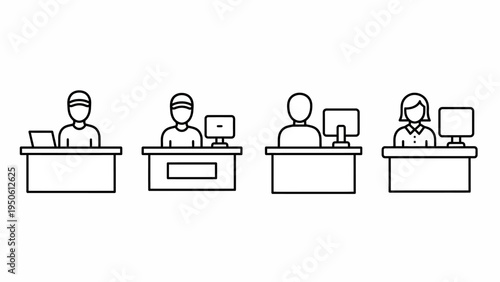 Modern line art icons depicting diverse individuals working at office desks with computers, representing professional roles, customer service, and administrative tasks in business
