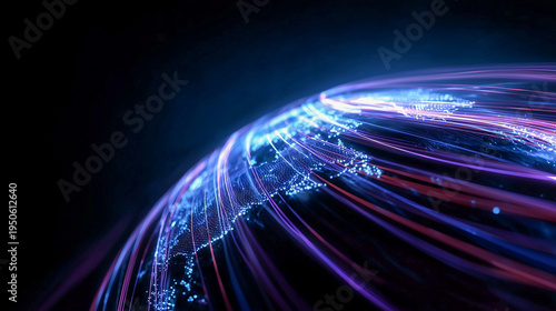 High angle view of a digital globe with glowing blue and pink data lines and network connections over a dark abstract background