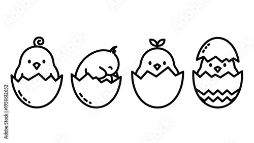 Adorable baby chicks hatching from eggs in various stages, presented as a cute line art illustration set perfect for spring and Easter themed designs