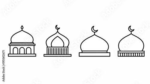 Diverse Collection of Outline Icons Featuring Mosque Domes, Symbolizing Islamic Architectural Design and Heritage, Perfect for Cultural and Religious Projects