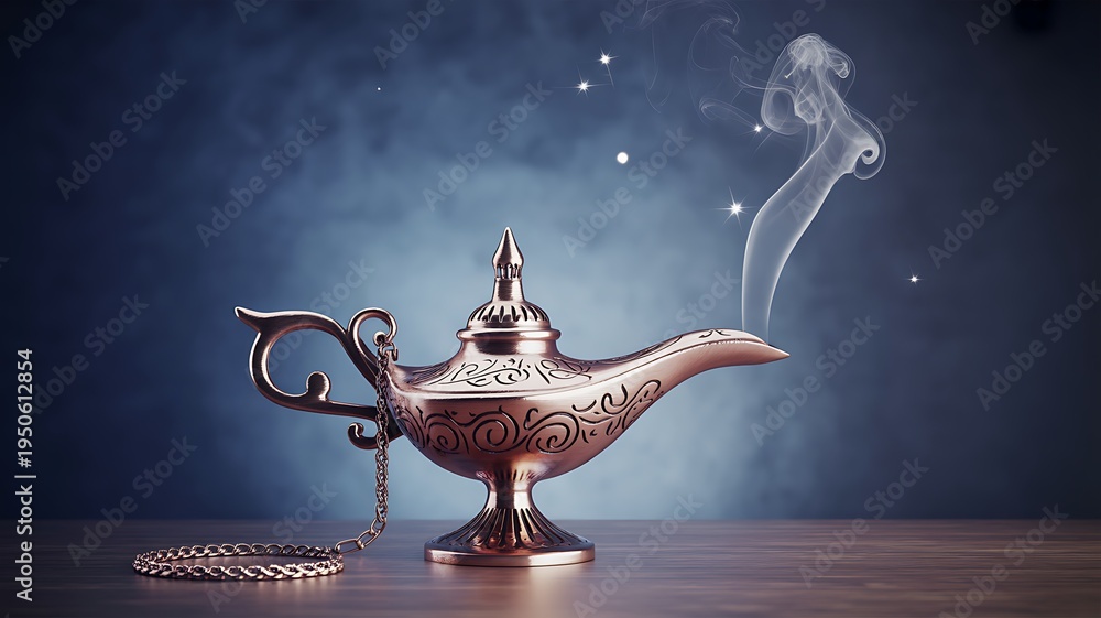 Naklejka premium Vintage metal lamp with smoke rising, genie lamp