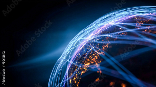 Digital earth globe with orange and blue light trails representing global energy distribution and international data connectivity