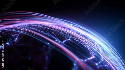 Vibrant blue and purple light arcs over a digital globe representing high speed data transmission and satellite communications