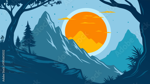 Peaceful vector landscape featuring mountains and sunset in a valley with forest silhouettes. Ideal for travel design, nature backgrounds, outdoor adventure themes, and scenic environment illustration