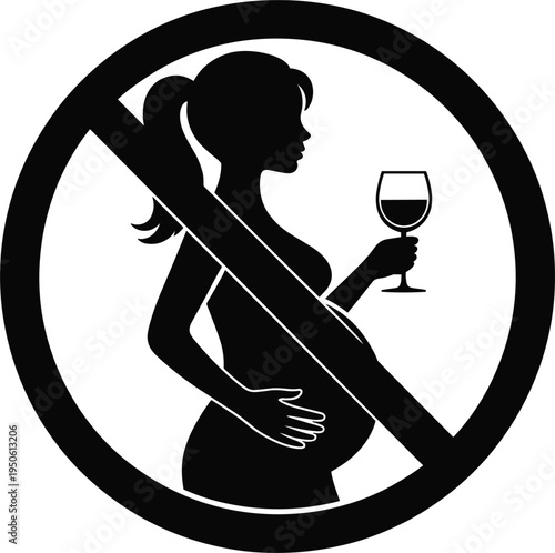 No alcohol during pregnancy vector sign with pregnant woman silhouette holding wine glass, forbidden maternity symbol