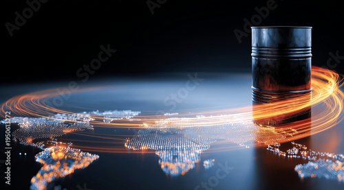 Two black oil barrels on a glowing digital world map with orange light trails and sparkling particles representing global energy trade