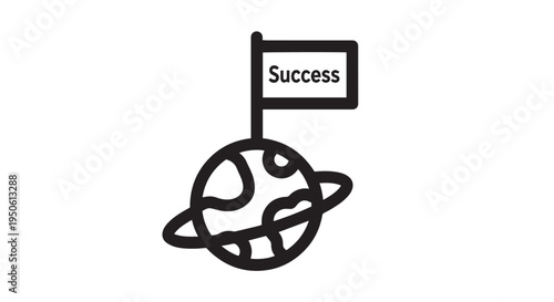 Vector graphic illustration depicting a stylized planet with a flag reading "Success" planted triumphantly on its surface