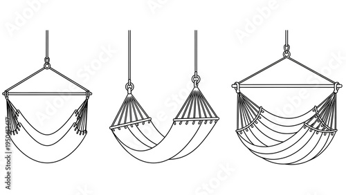 A collection of distinct hammock and hanging chair designs, showcasing different styles for comfortable indoor and outdoor relaxation, perfect for tranquil leisure spaces