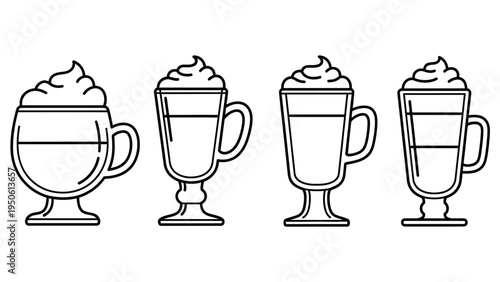 A collection of stylized line art illustrations depicting various types of iced coffee drinks in clear glass mugs with straws