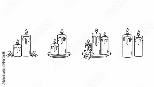 Set of elegant hand-drawn line art candles, offering a minimalist yet warm glow, perfect for creating a cozy ambiance in your designs and celebrating special festive occasions or tranquil moments