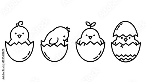 Charming line art illustrations of baby chicks hatching from eggs, symbolizing new beginnings, the arrival of spring, and the joyful spirit of Easter festivities
