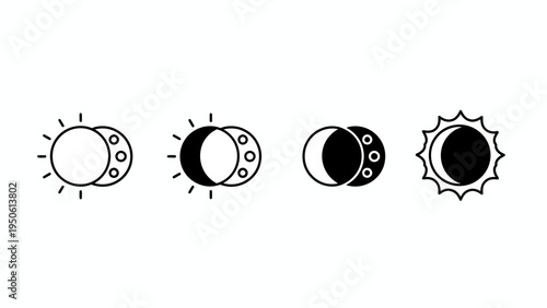 Collection of Sun and Moon Eclipse Icons, symbolizing celestial events and astronomical phenomena in a minimalist style