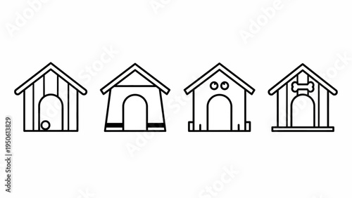 Set of four simple line art dog house icons, representing shelter for pets, suitable for various graphic design needs