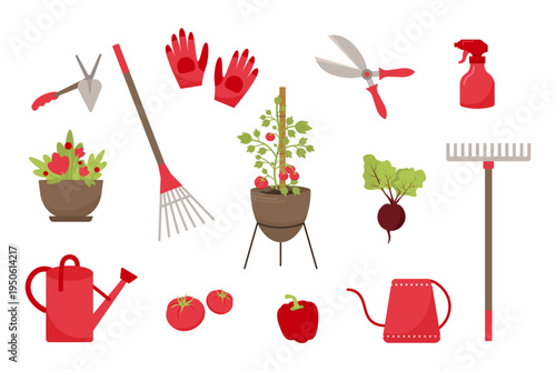 Collection of gardening tools and plants including rake, gloves, watering can, pruners, spray bottle, vegetables and potted plants. Flat vector set of garden equipment and farming elements.