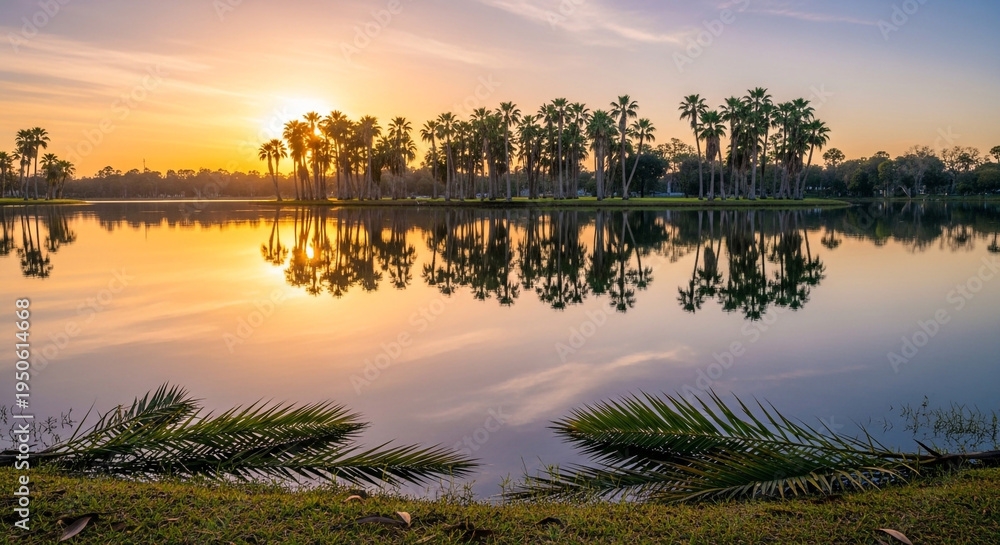 Obraz premium Golden sunset over serene palm-fringed lake with tranquil water reflection