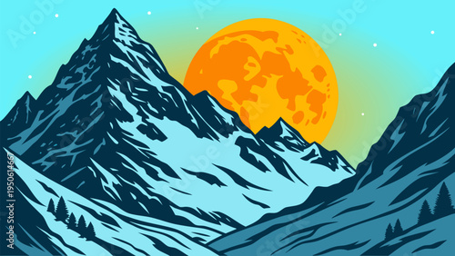 Beautiful winter mountain vector scene with glowing golden moon behind snowy peaks. Perfect for nature posters, adventure branding, outdoor exploration themes, travel artwork, and scenic wallpapers.